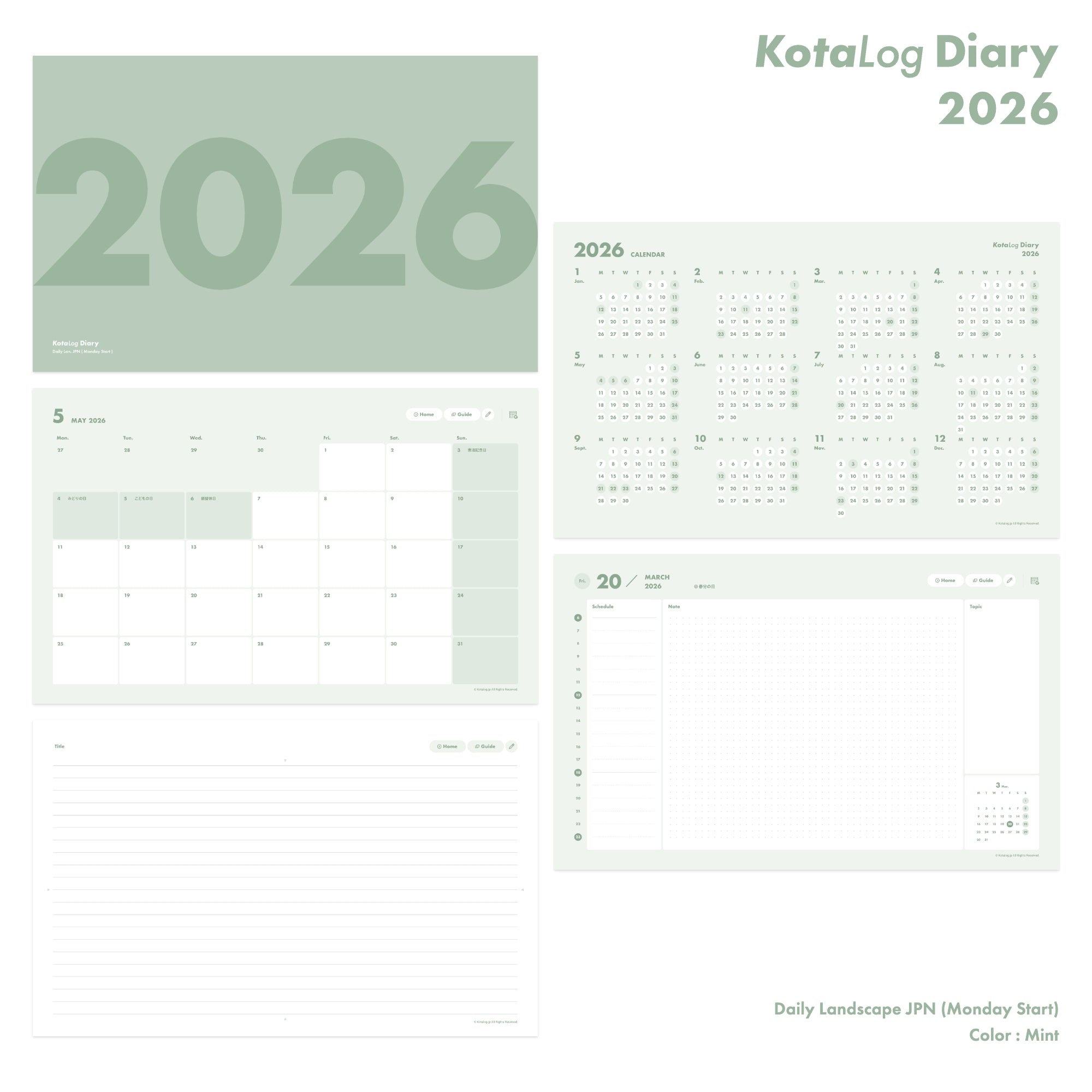 KotaLog Diary 2026 Daily Lan.Jpn (日本の祝日)