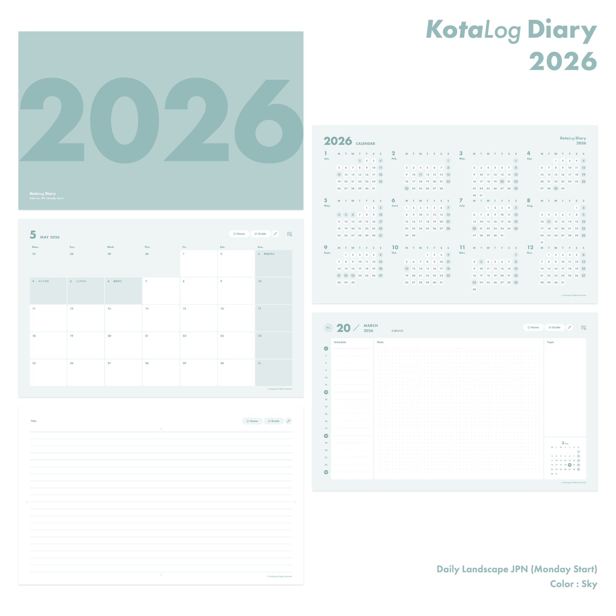 KotaLog Diary 2026 Daily Lan.Jpn (日本の祝日)