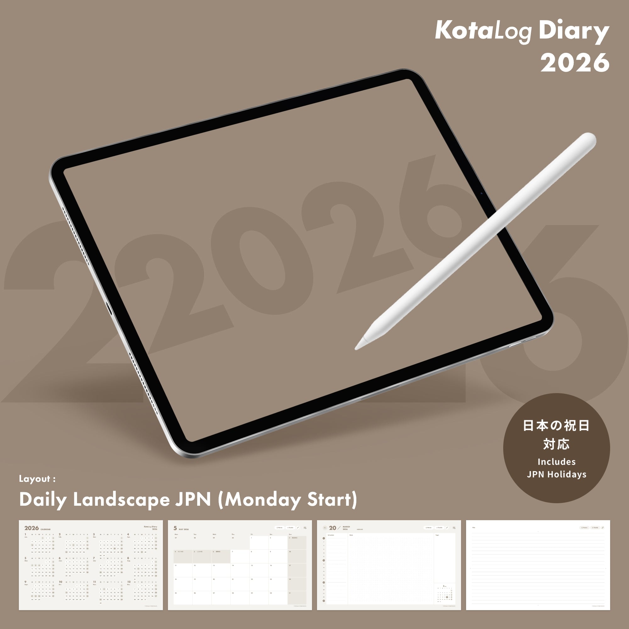 KotaLog Diary 2026 Daily Lan.Jpn (日本の祝日)