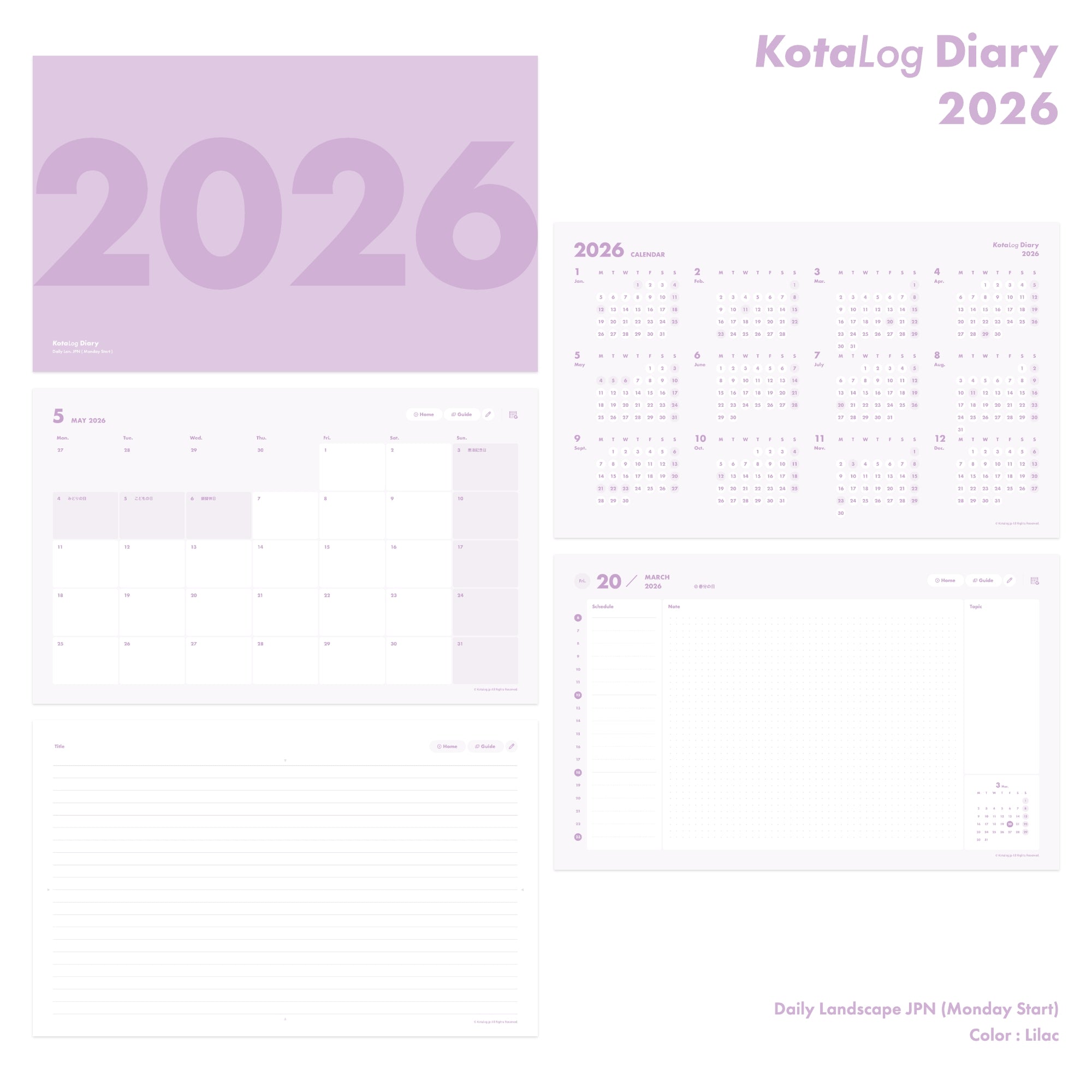 KotaLog Diary 2026 Daily Lan.Jpn (日本の祝日)