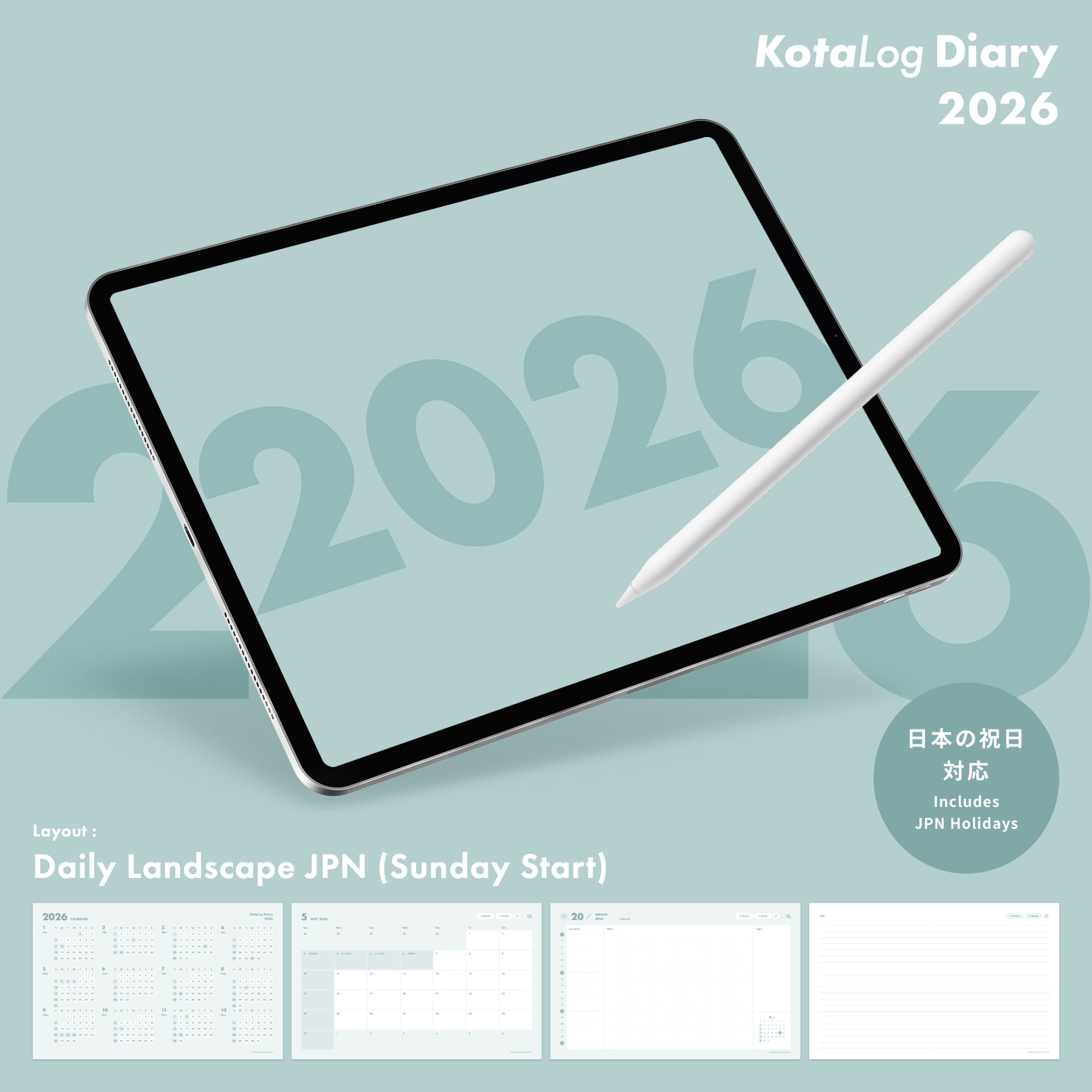 KotaLog Diary 2026 Daily Lan.Jpn (日本の祝日)