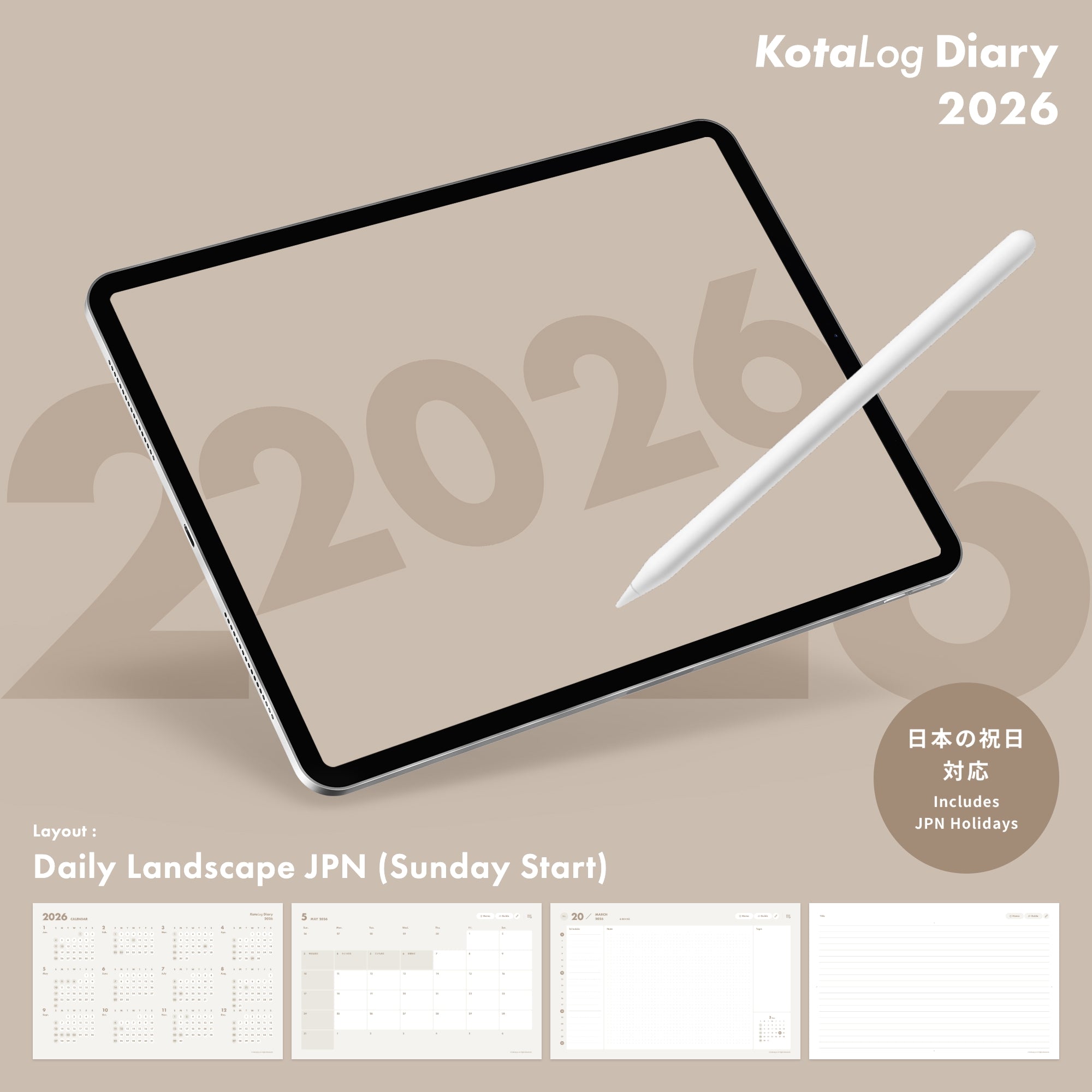 KotaLog Diary 2026 Daily Lan.Jpn (日本の祝日)