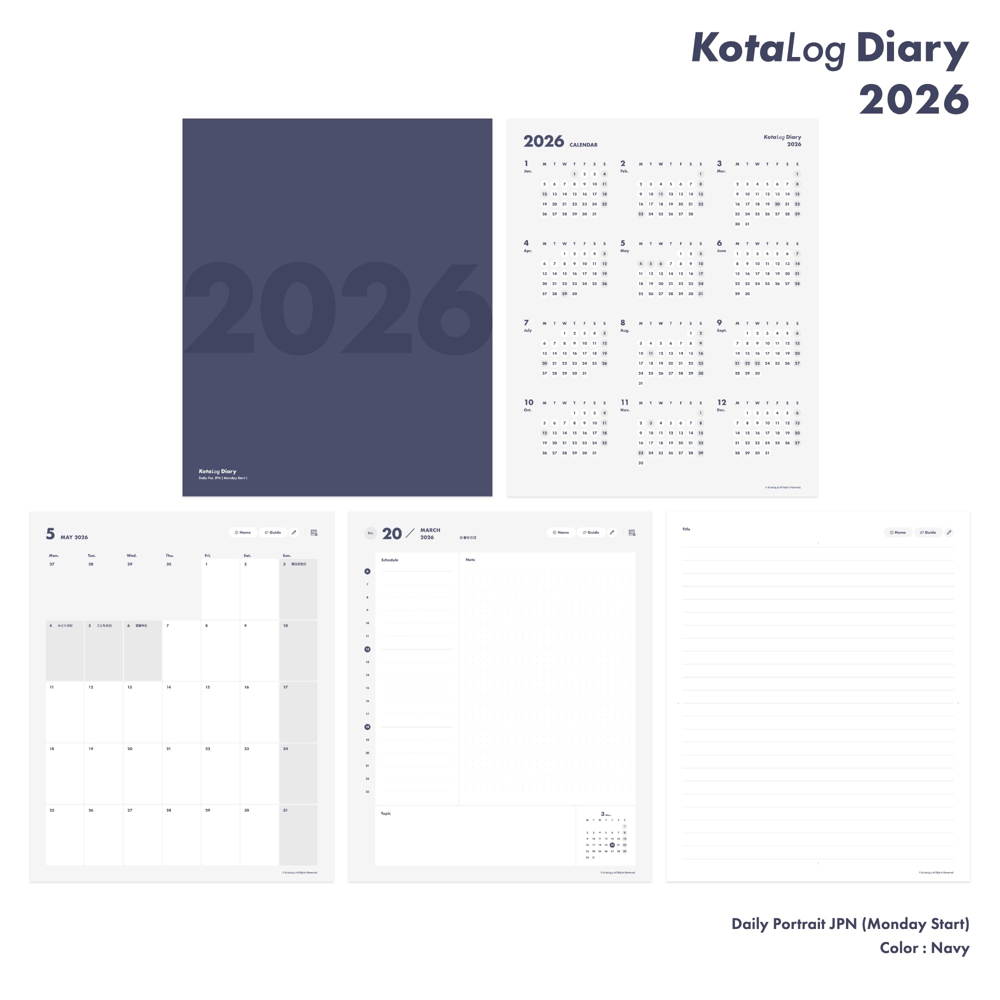 KotaLog Diary 2026 Daily Por.JPN (日本の祝日)