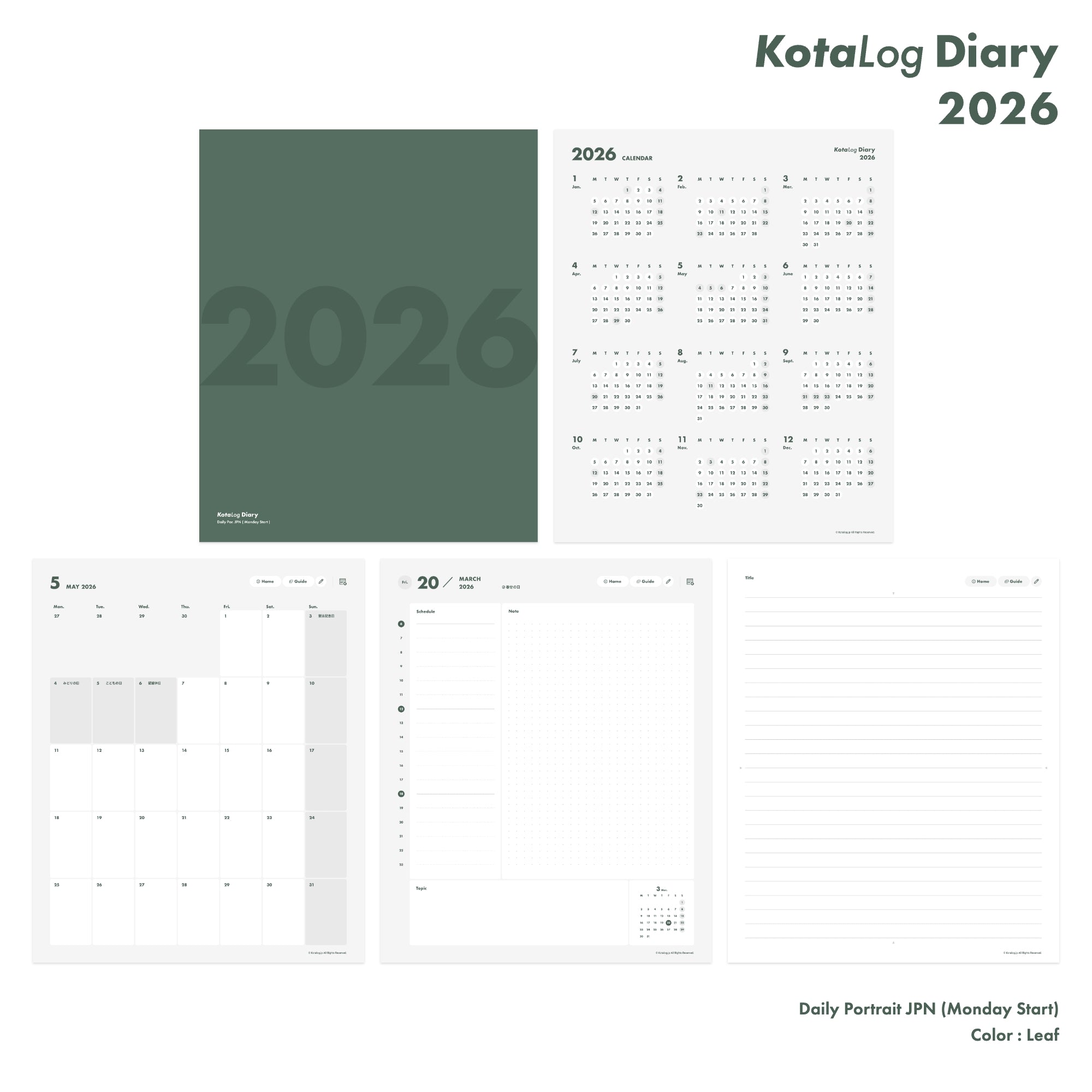 KotaLog Diary 2026 Daily Por.JPN (日本の祝日)