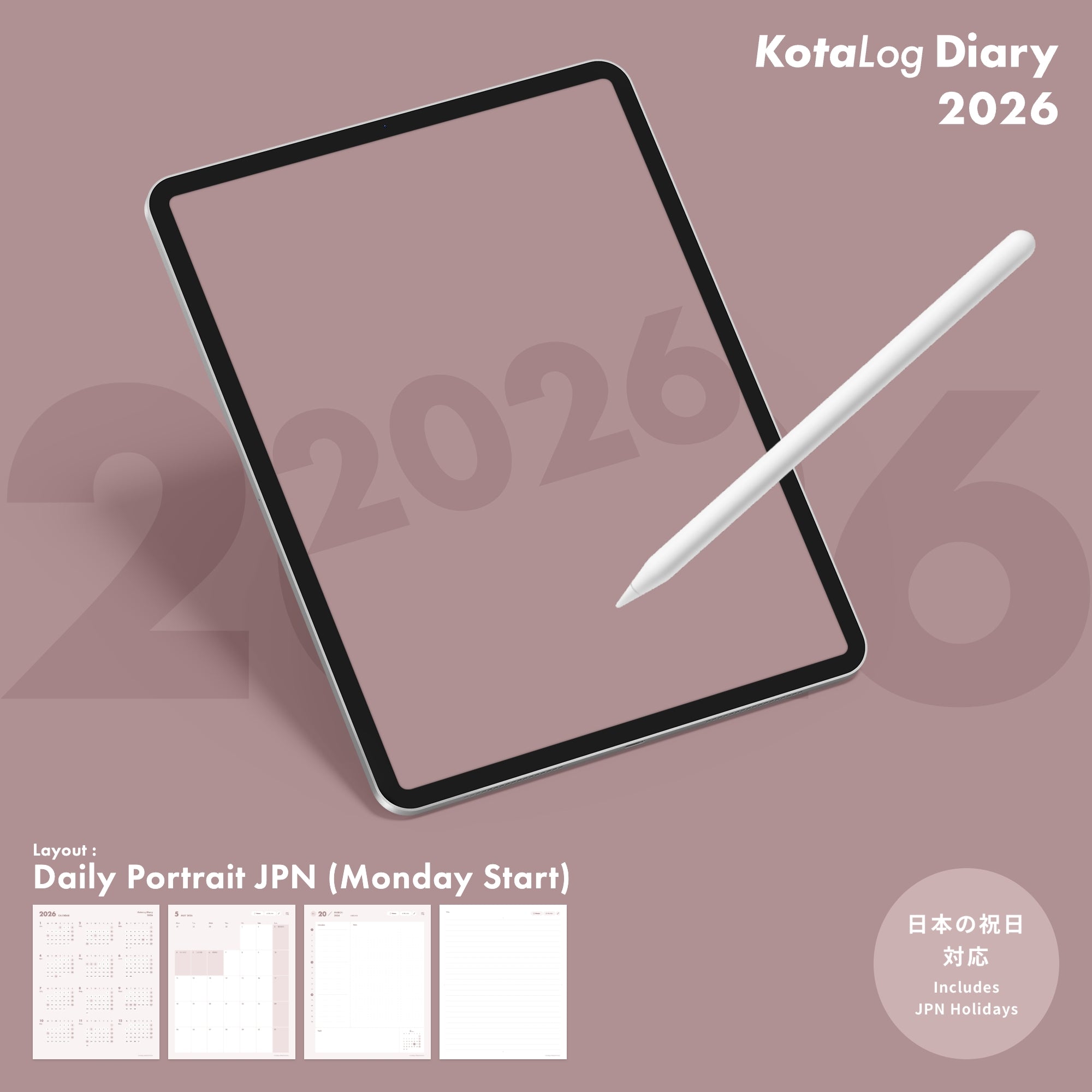 KotaLog Diary 2026 Daily Por.JPN (日本の祝日)