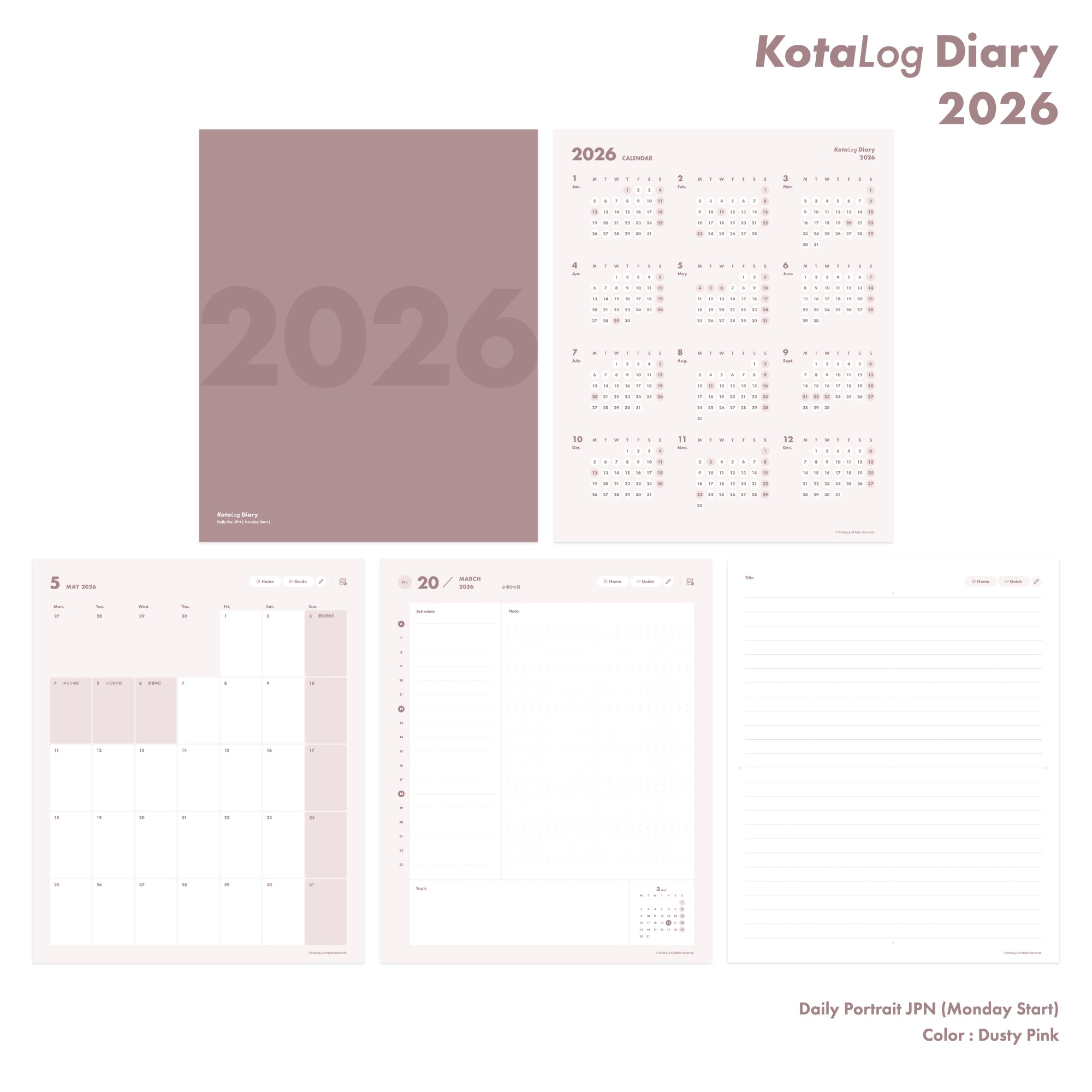 KotaLog Diary 2026 Daily Por.JPN (日本の祝日)