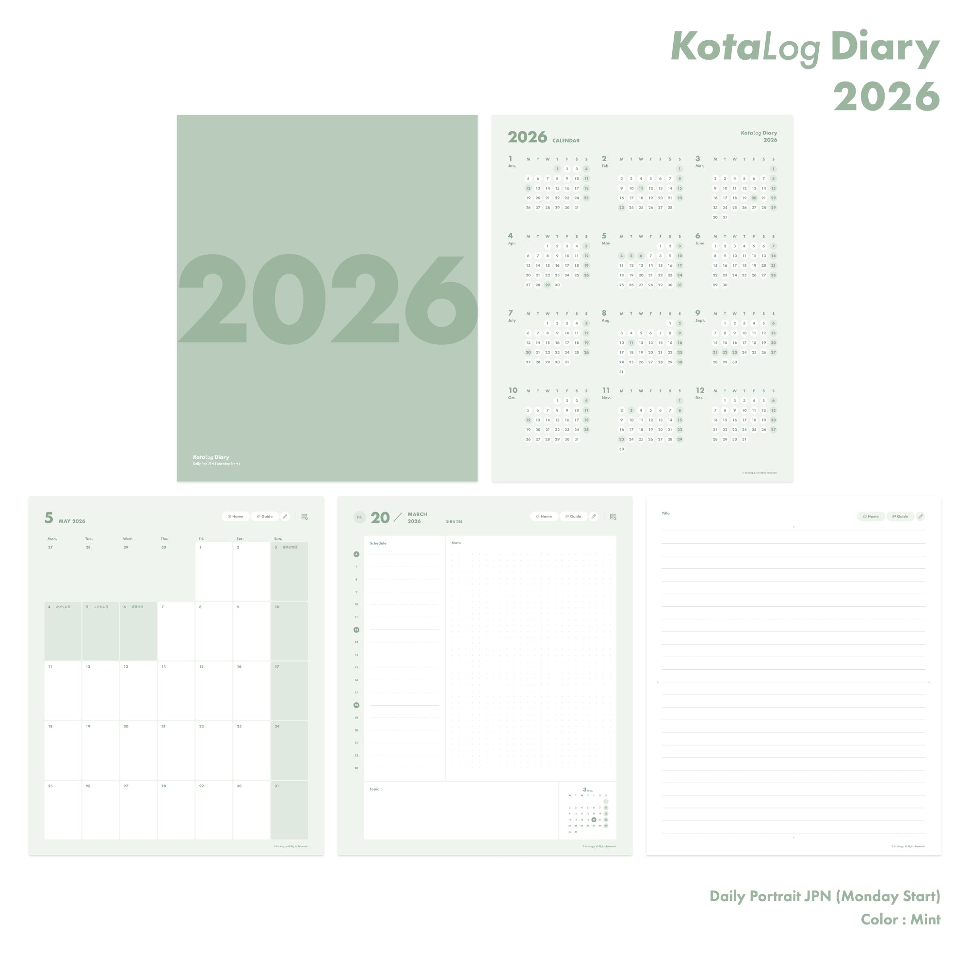 KotaLog Diary 2026 Daily Por.JPN (日本の祝日)