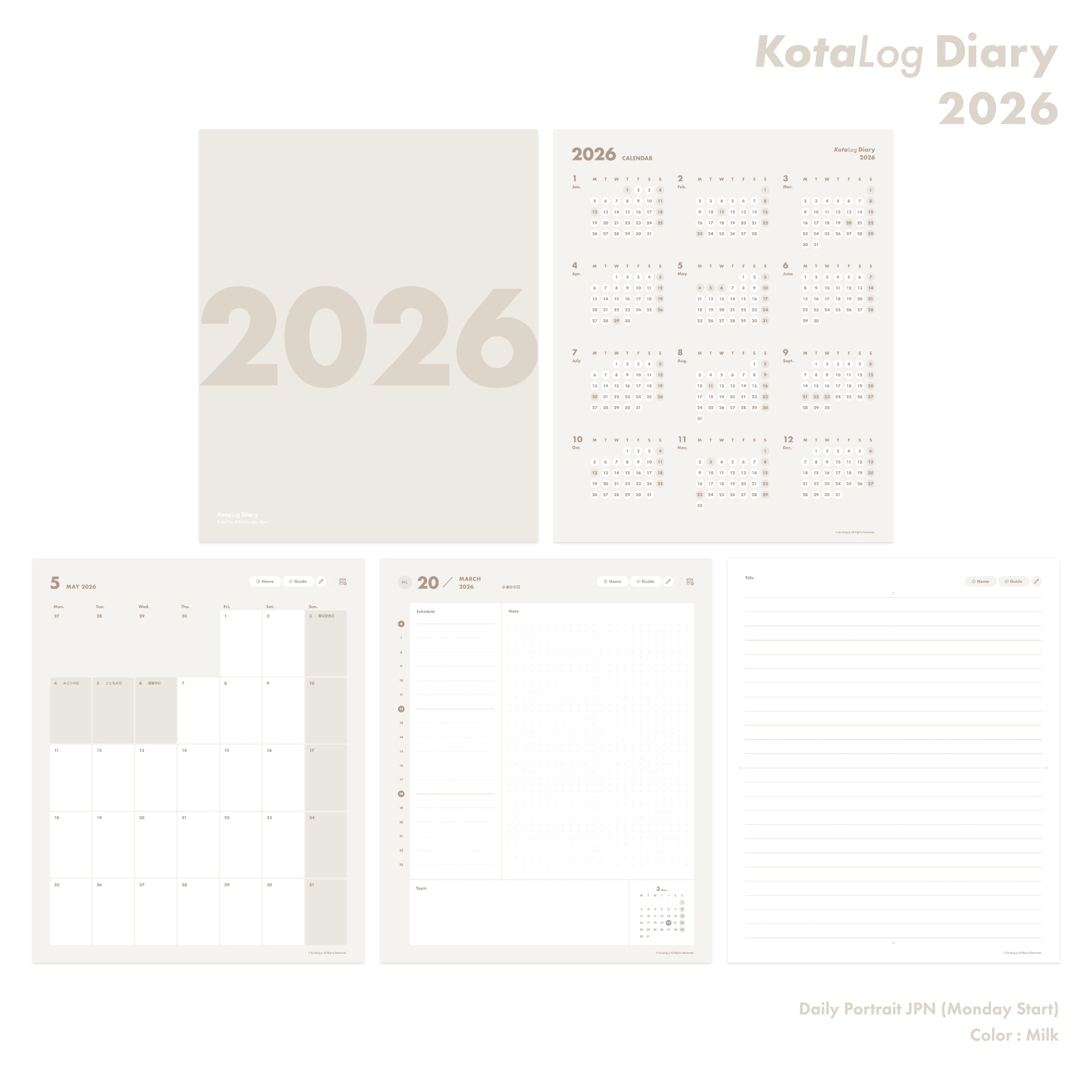 KotaLog Diary 2026 Daily Por.JPN (日本の祝日)