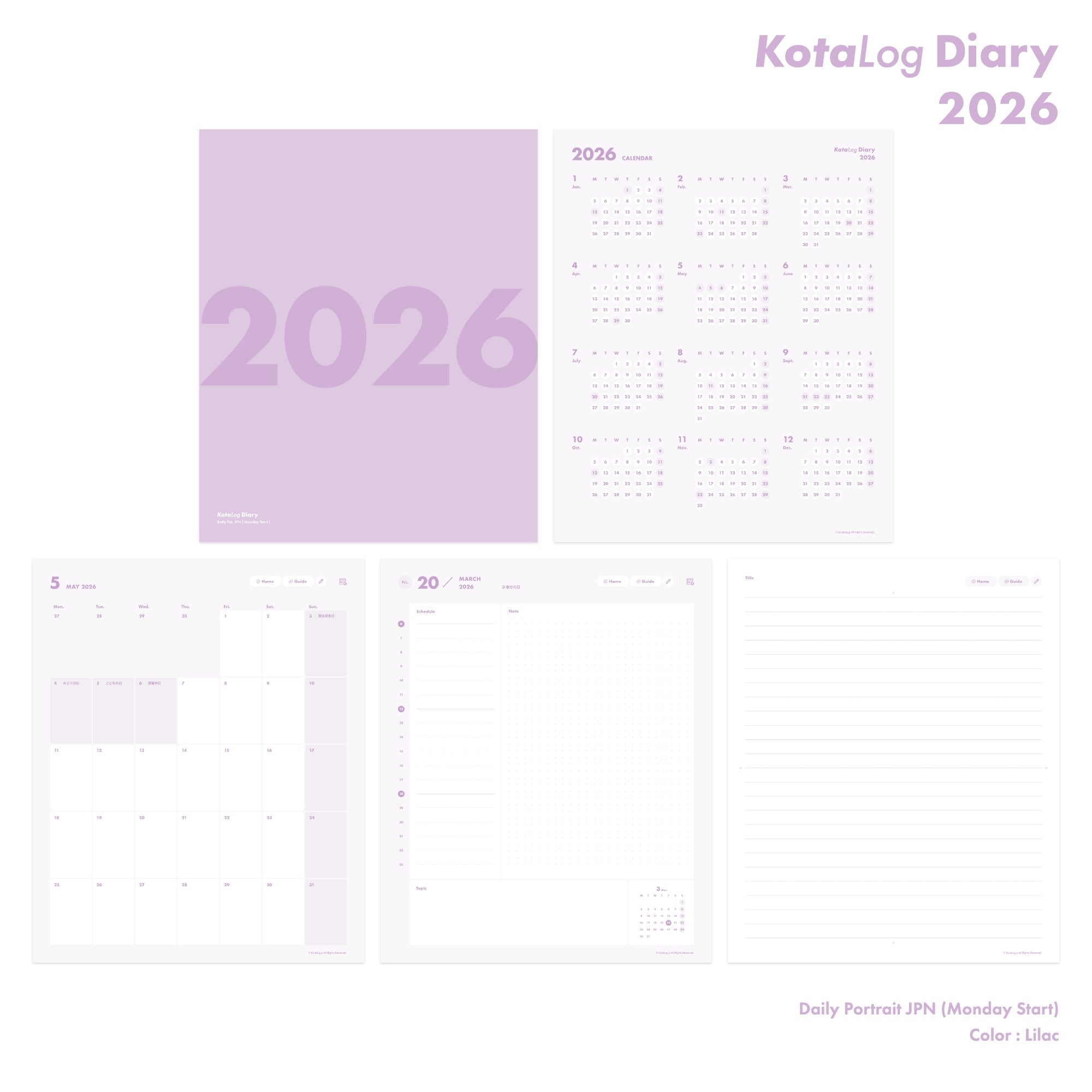 KotaLog Diary 2026 Daily Por.JPN (日本の祝日)