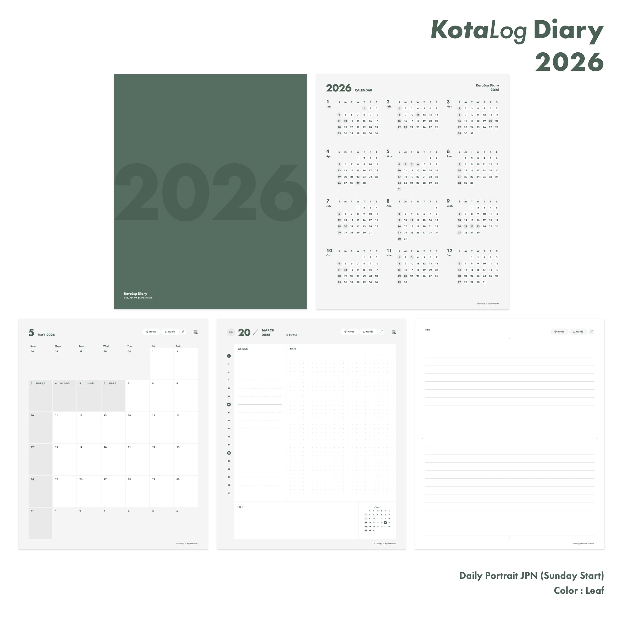 KotaLog Diary 2026 Daily Por.JPN (日本の祝日)