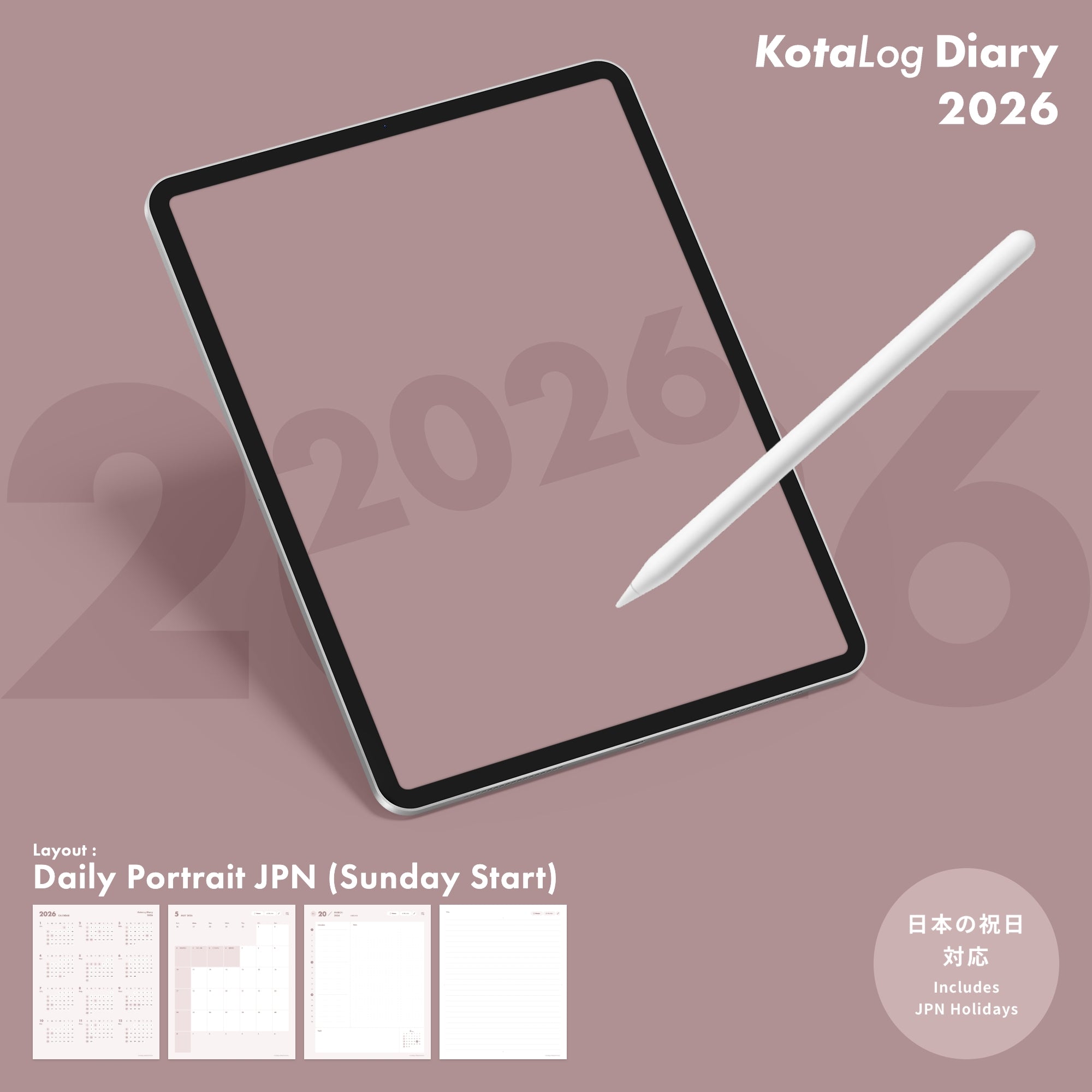 KotaLog Diary 2026 Daily Por.JPN (日本の祝日)