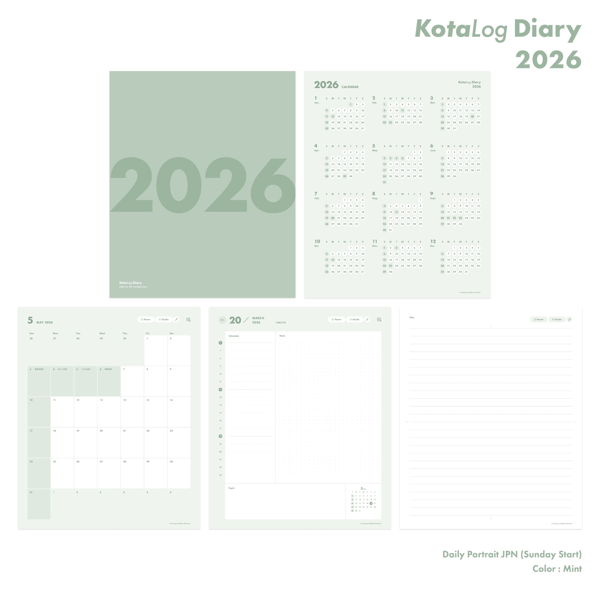 KotaLog Diary 2026 Daily Por.JPN (日本の祝日)