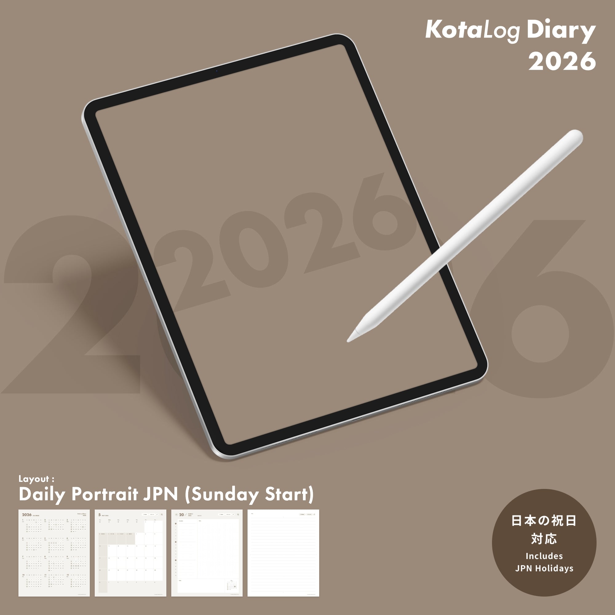 KotaLog Diary 2026 Daily Por.JPN (日本の祝日)