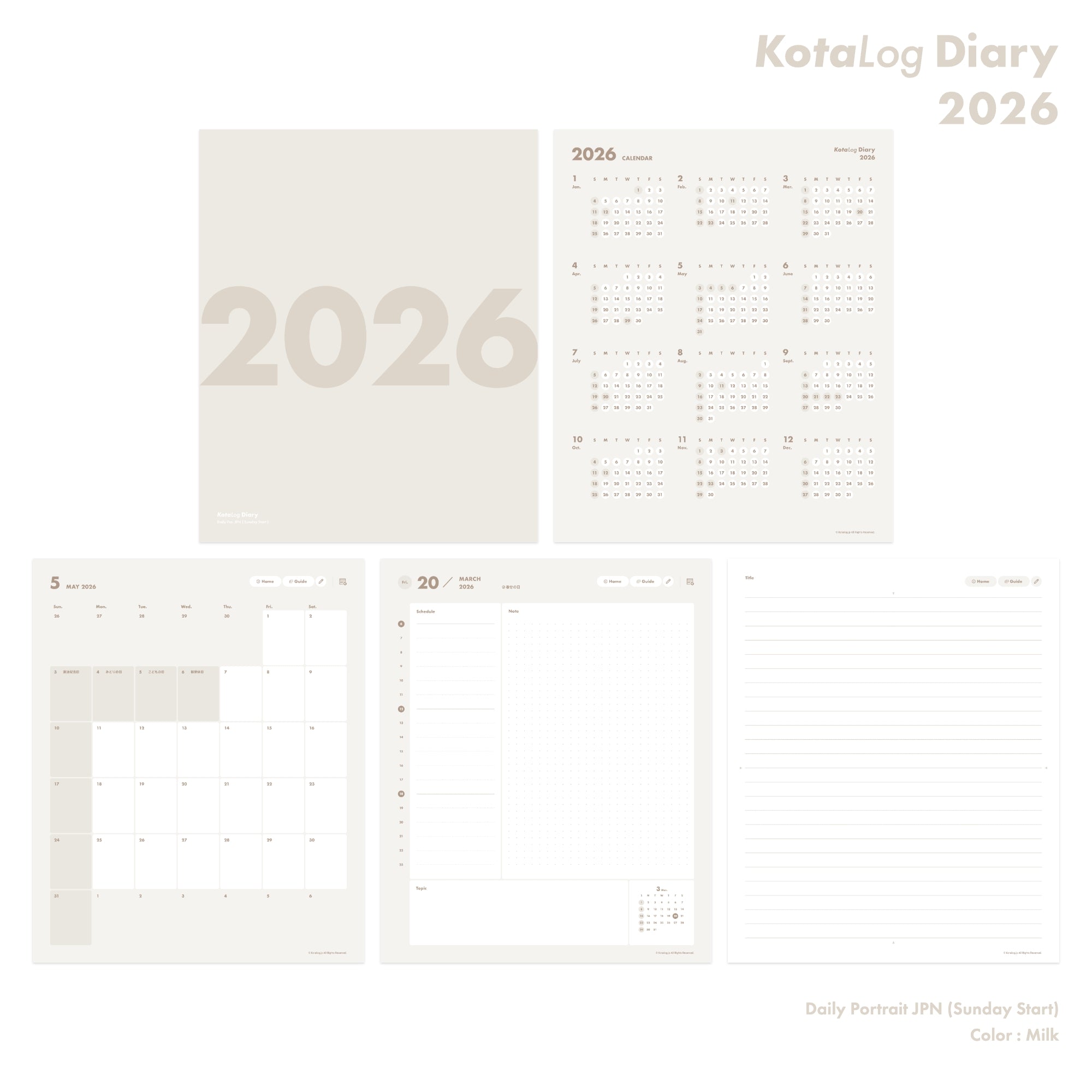 KotaLog Diary 2026 Daily Por.JPN (日本の祝日)