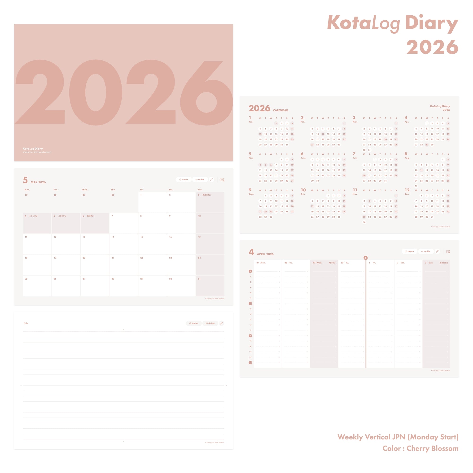 KotaLog Diary 2026 Vert.JPN (日本の祝日)