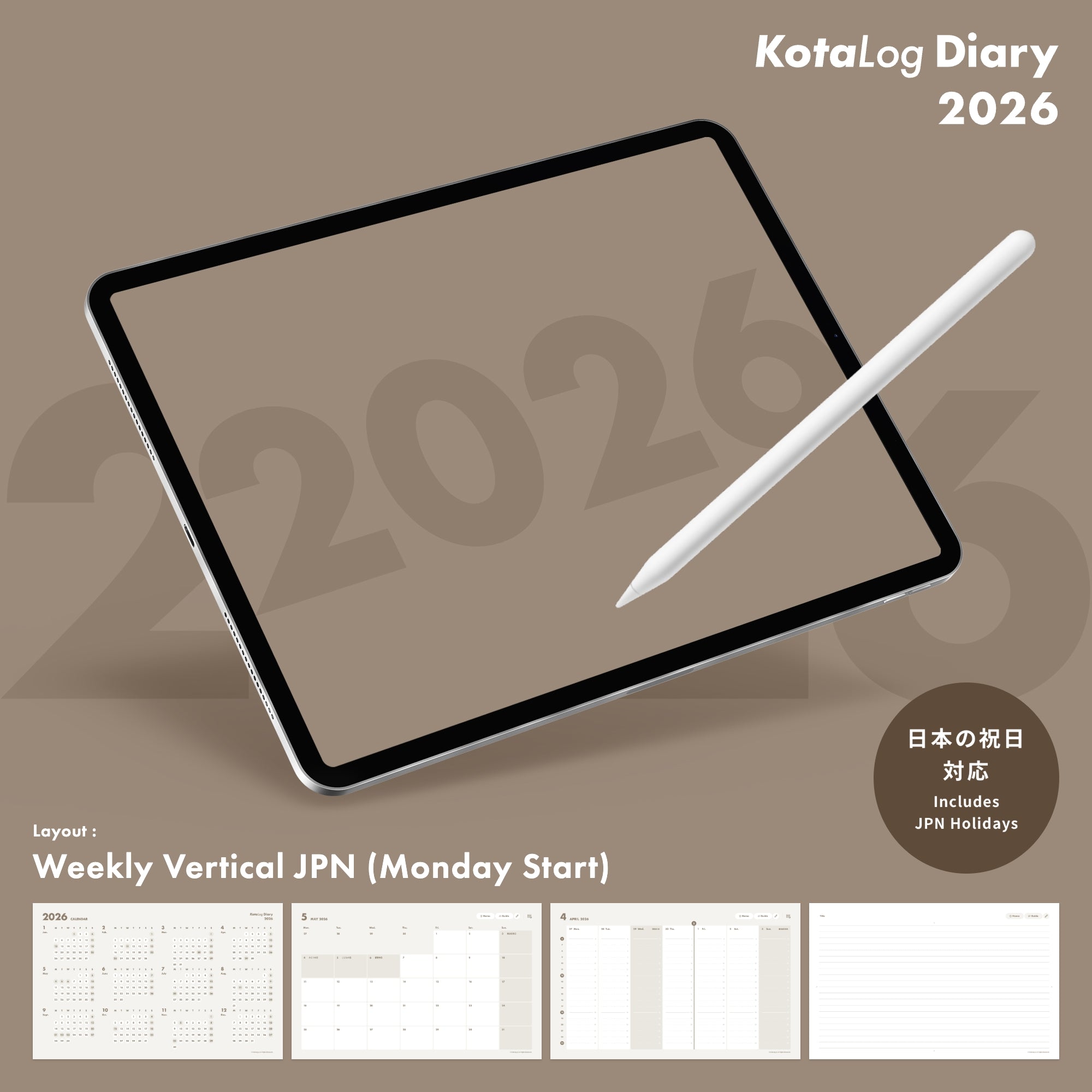 KotaLog Diary 2026 Vert.JPN (日本の祝日)
