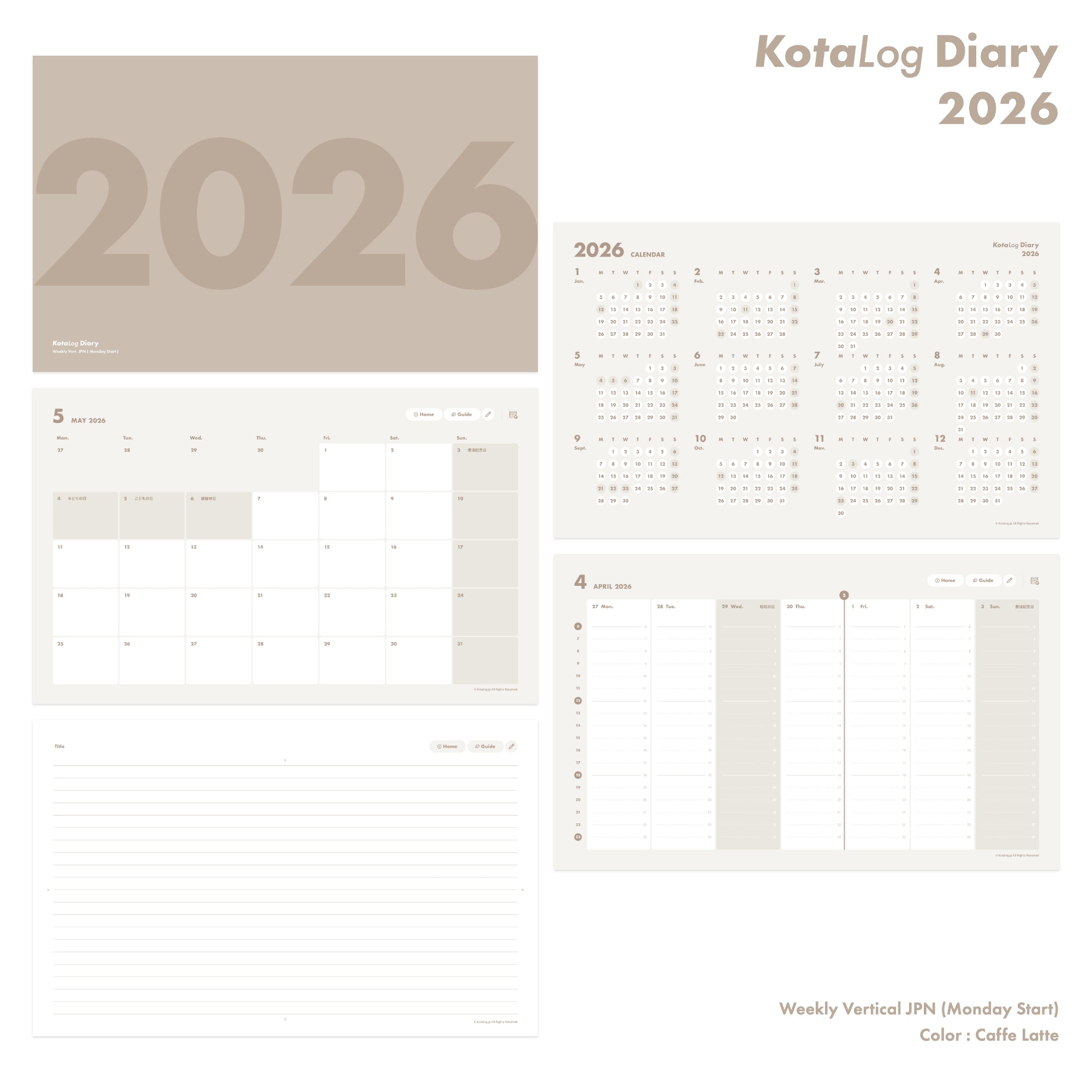 KotaLog Diary 2026 Vert.JPN (日本の祝日)