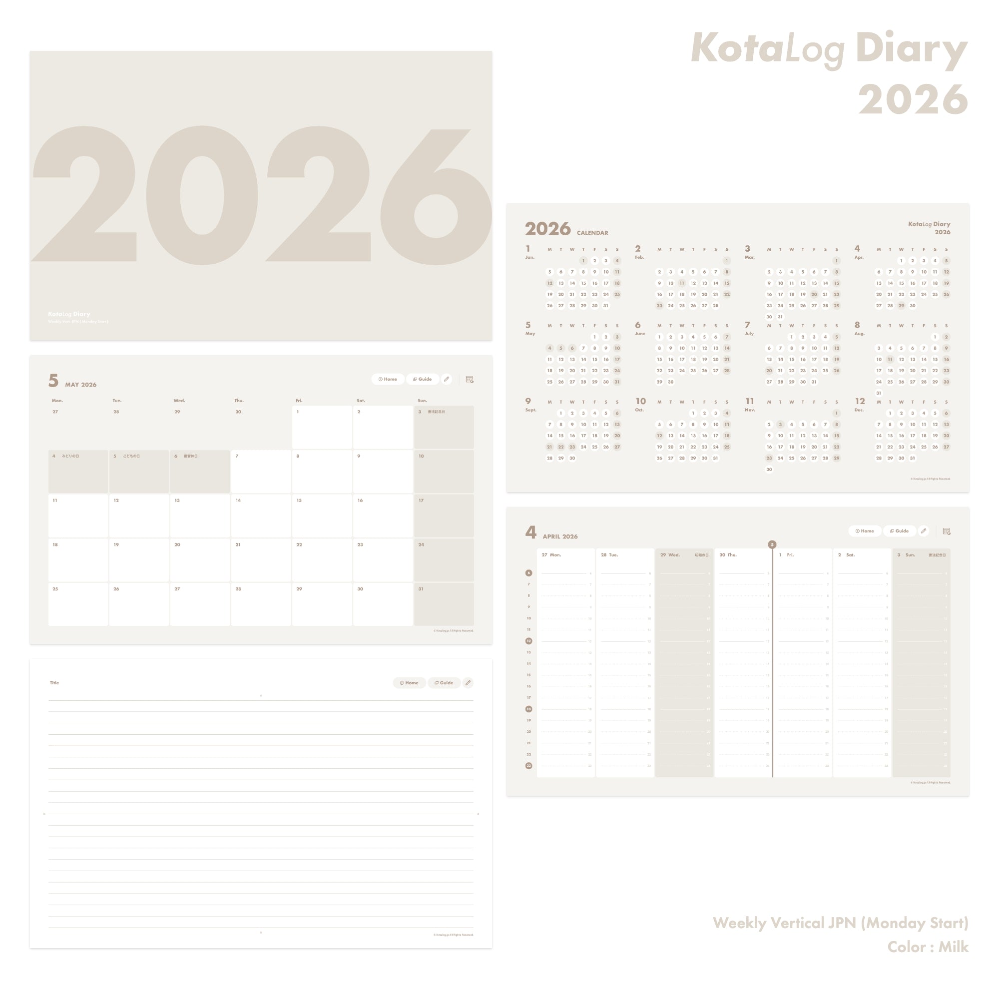 KotaLog Diary 2026 Vert.JPN (日本の祝日)