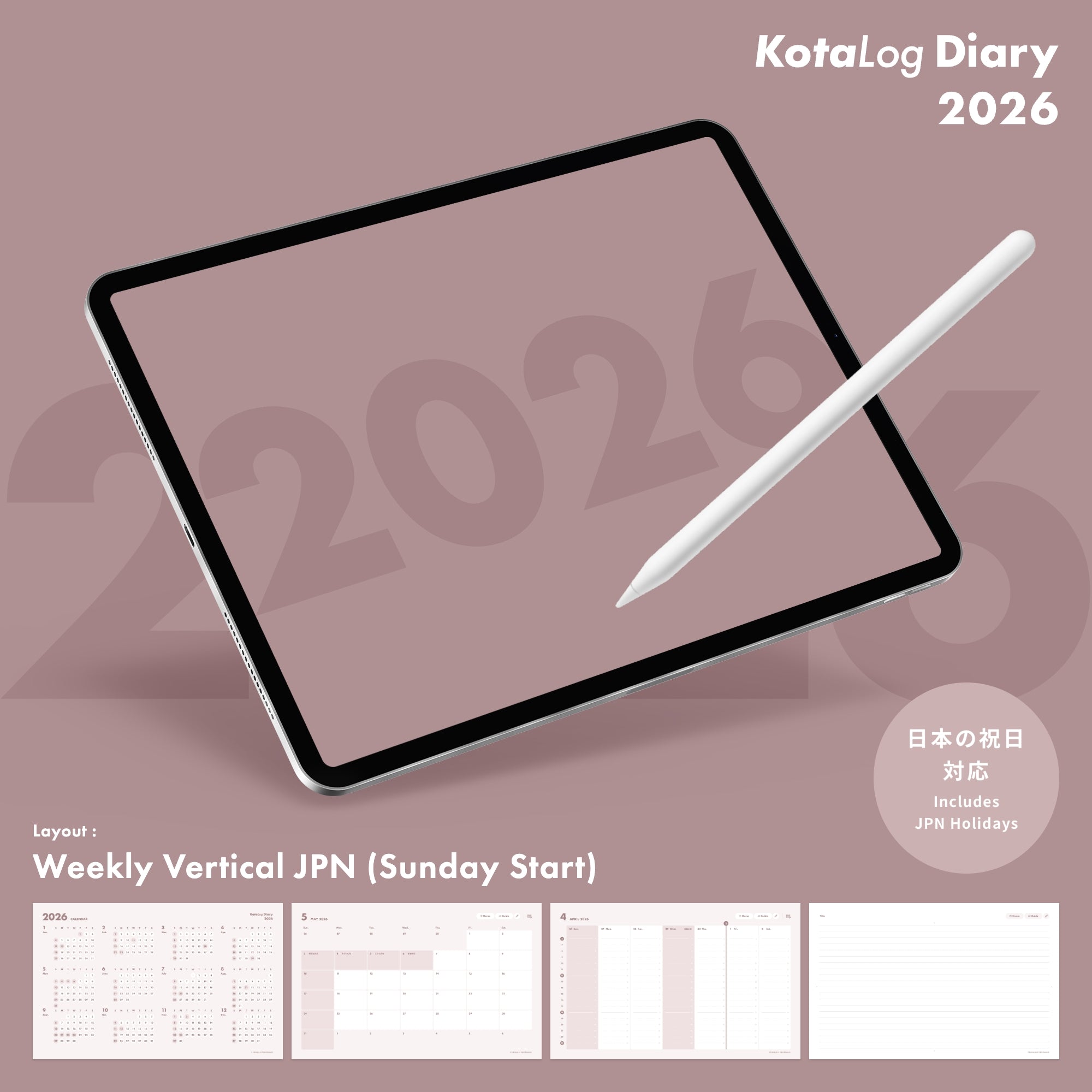 KotaLog Diary 2026 Vert.JPN (日本の祝日)