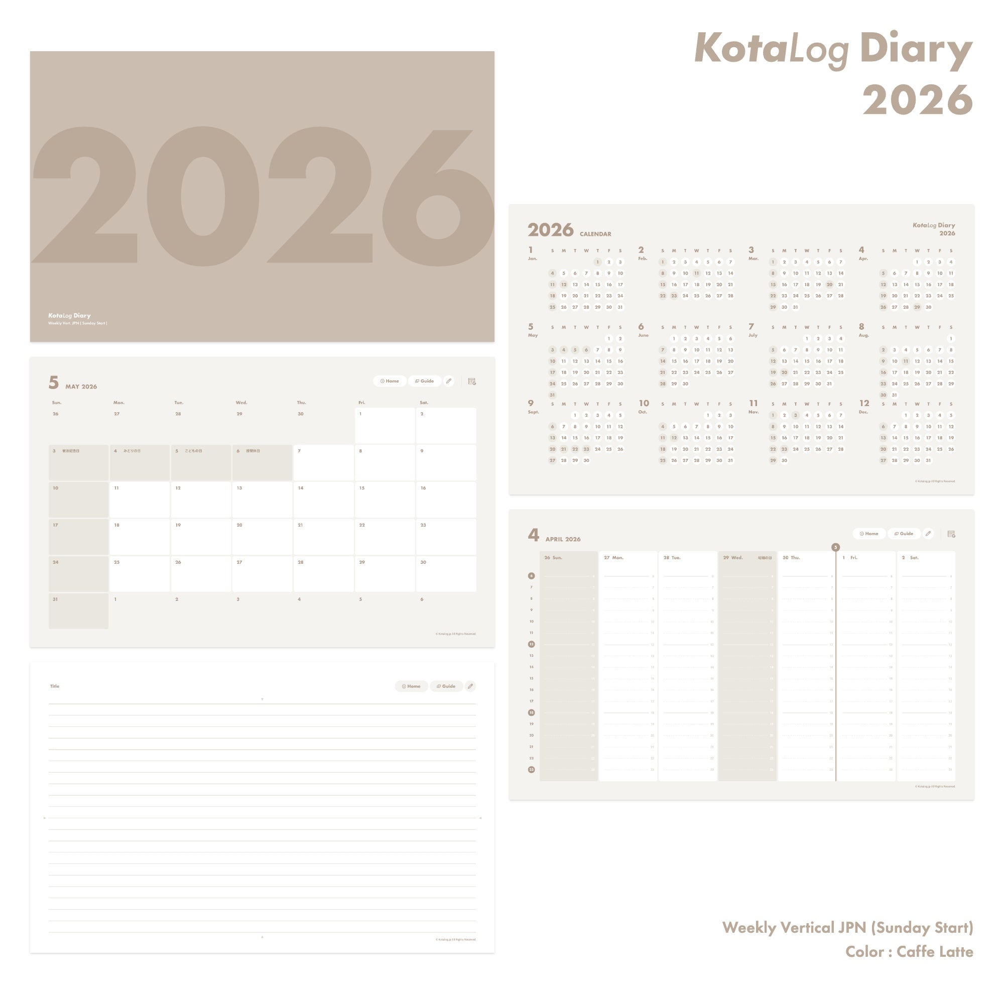 KotaLog Diary 2026 Vert.JPN (日本の祝日)