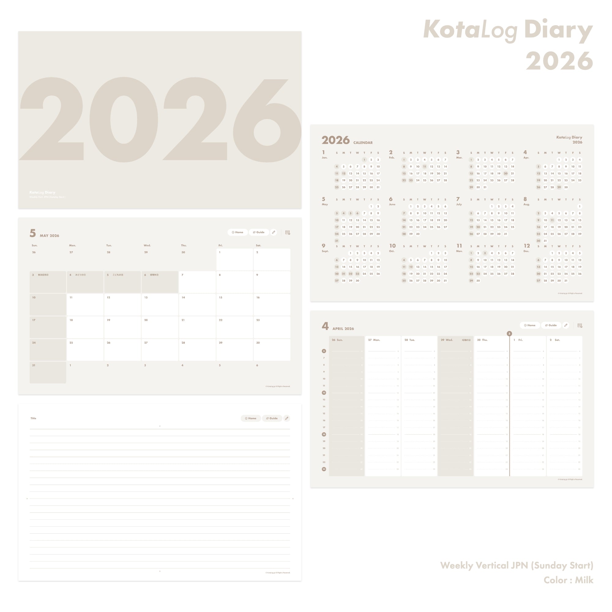 KotaLog Diary 2026 Vert.JPN (日本の祝日)