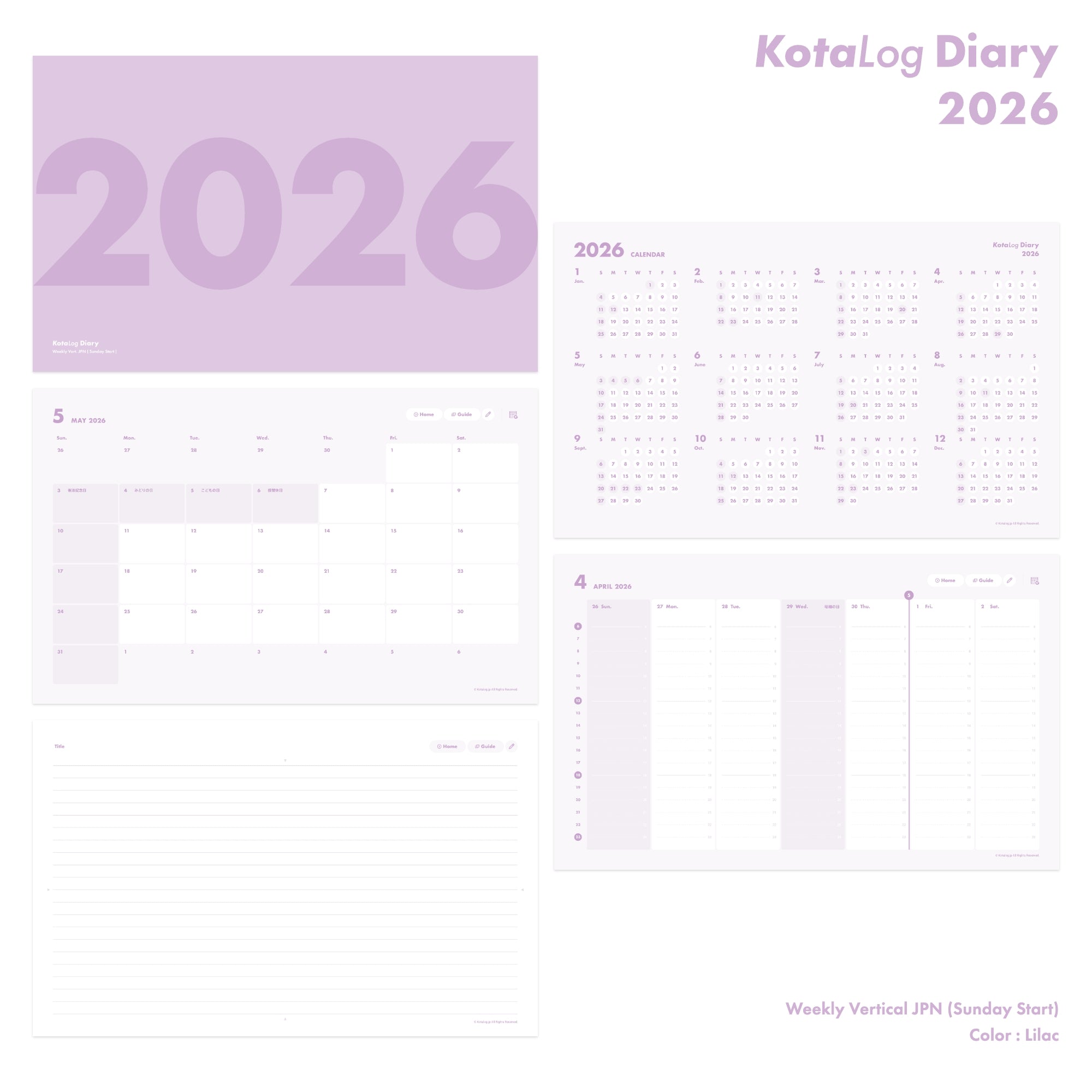 KotaLog Diary 2026 Vert.JPN (日本の祝日)