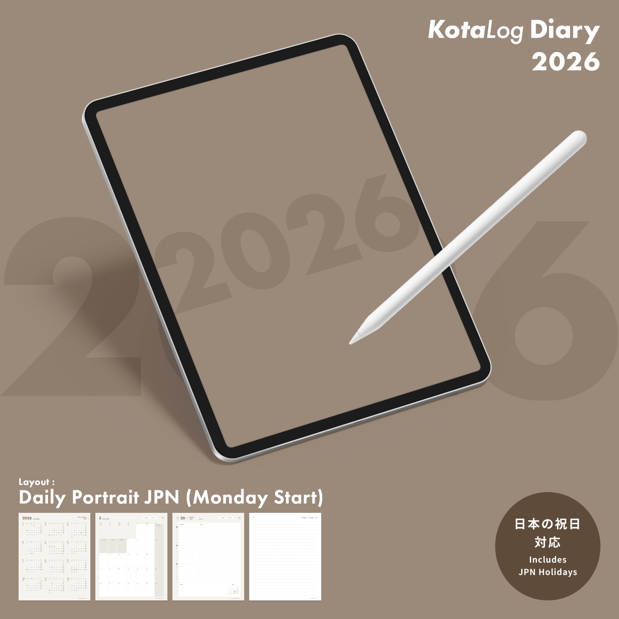 KotaLog Diary 2026 Daily Por.JPN (日本の祝日)